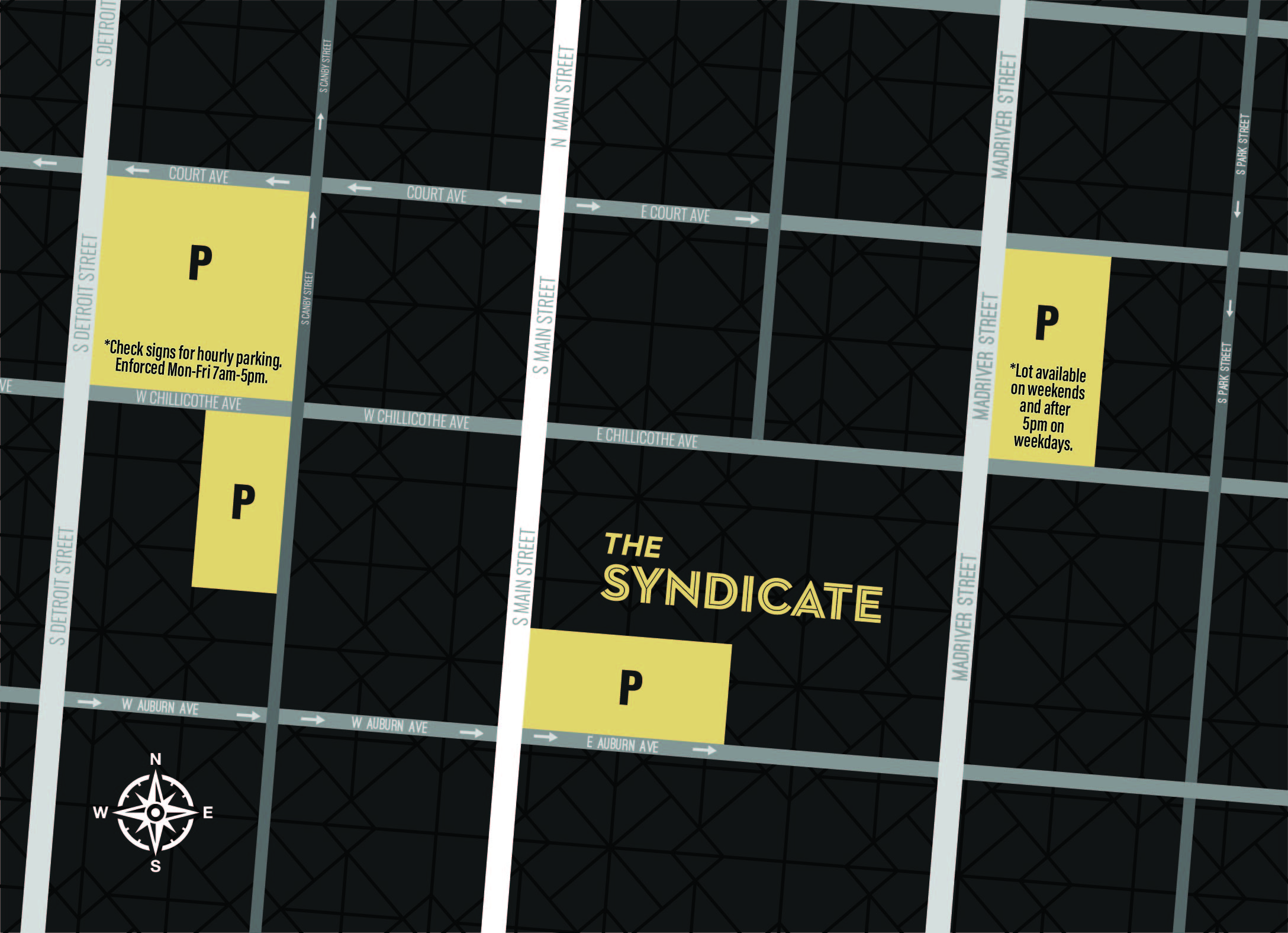 Map of parking options near The Syndicate in downtown Bellefontaine