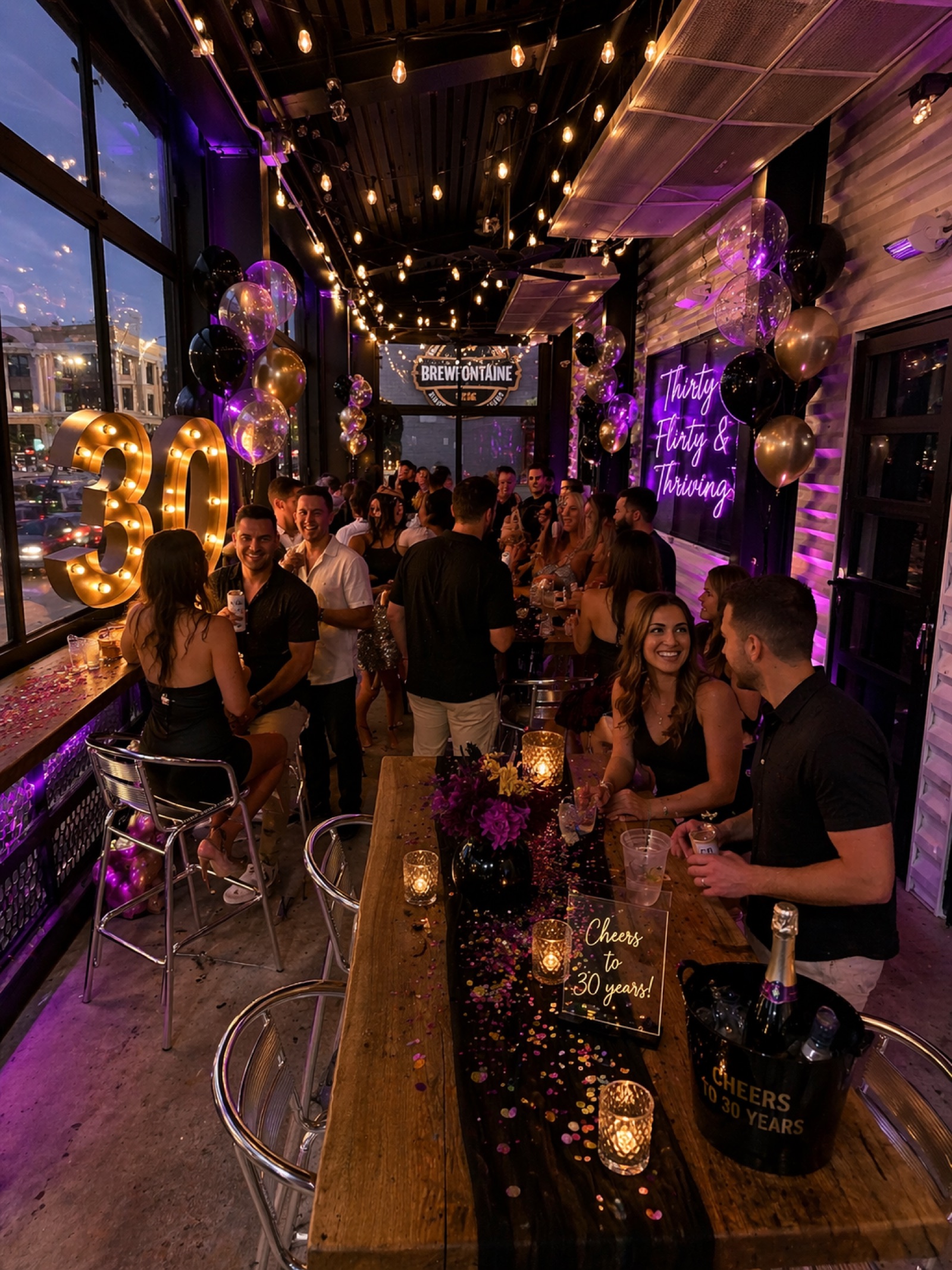 A milestone birthday celebration at dusk with marquee lights and balloons