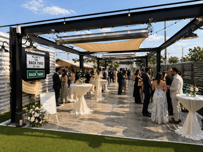 Wedding cocktail hour in The Backyard