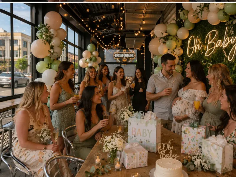 A baby shower celebration with balloons and neon sign