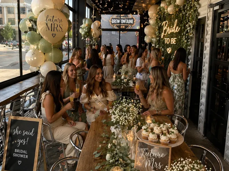 A bridal shower with sweets table and greenery wall
